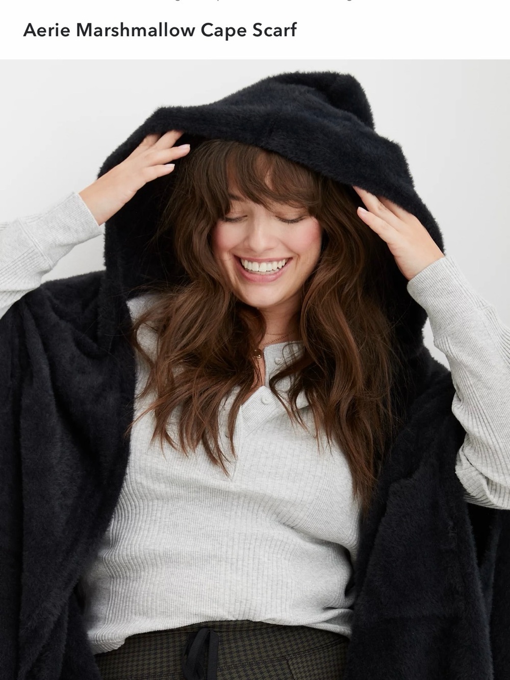 NWT OS AE Aerie BLACK  Fuzzy Hooded ‘Mushroom’ Open-Front Cape, Shawl, 1497-7816